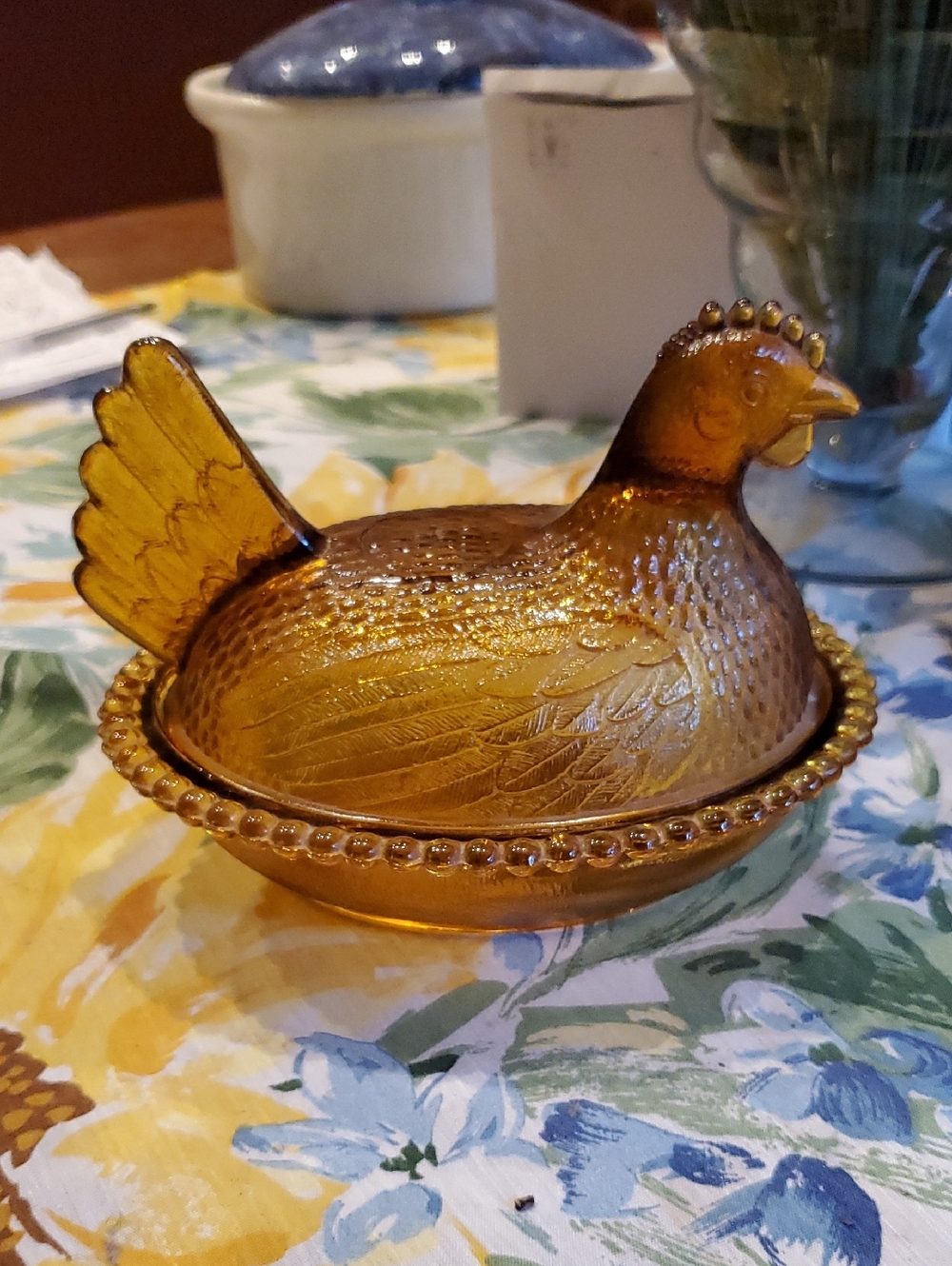 Amber Glass Hen on Nest Covered Dish
